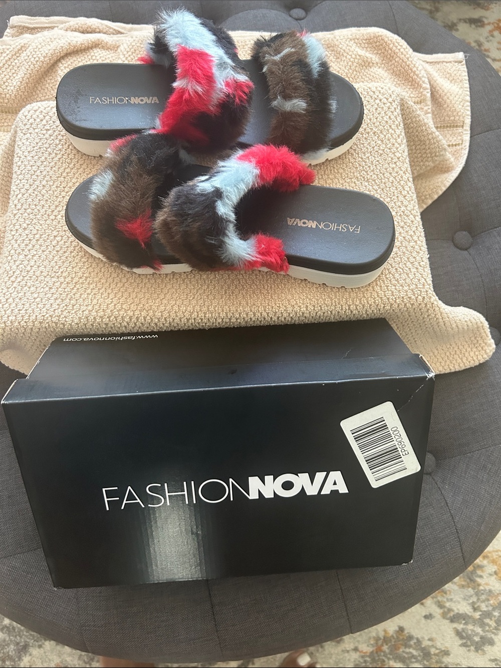 Fashion Nova Black Faux Fur Slide Sandals with Red and Light Blue Accents